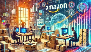 Office scene with Amazon sellers working on computers, discussing Amazon seller accounts, Amazon Seller Central, and selling on Amazon.