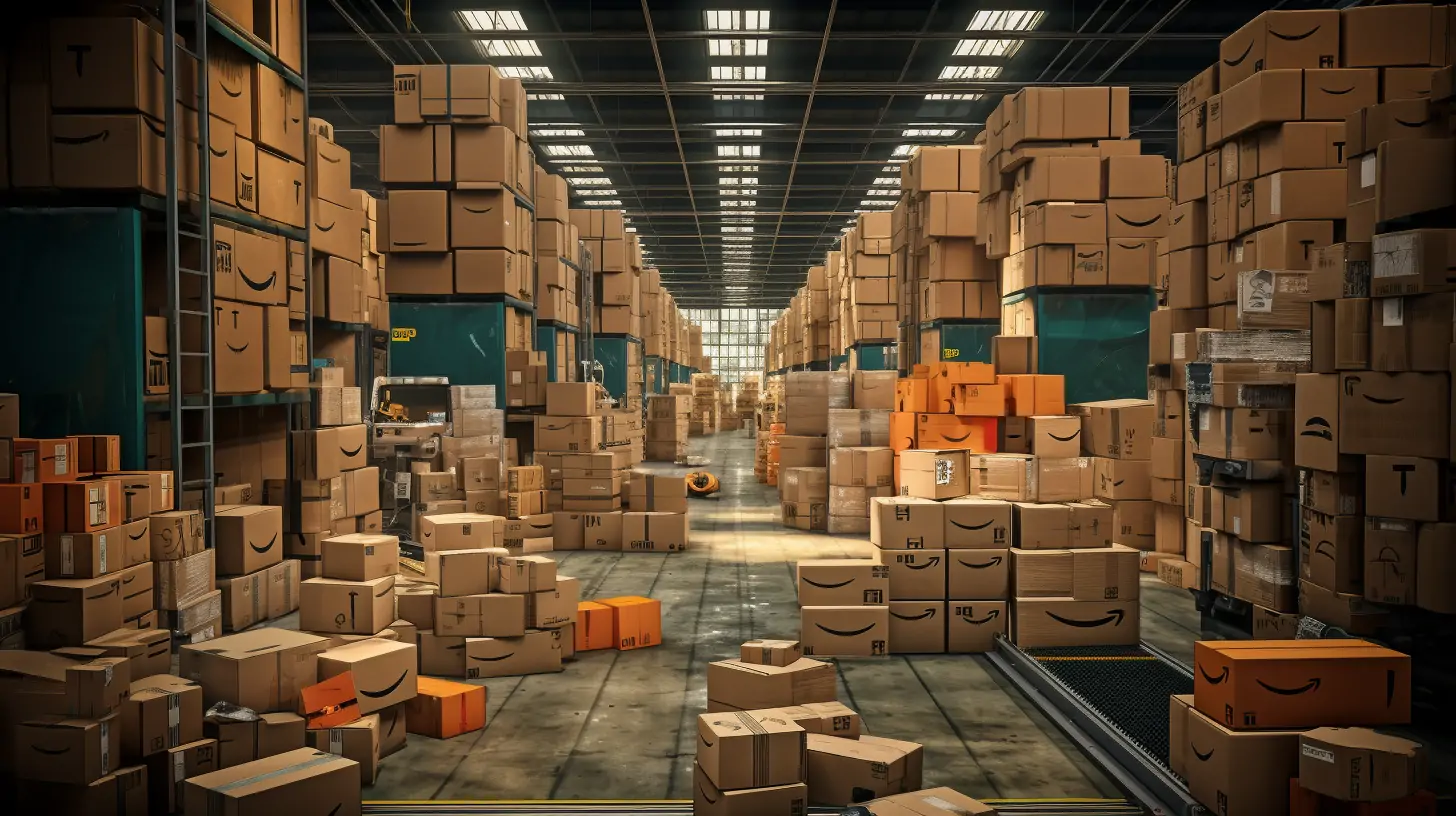 Amazon removal orders with shelves, boxes, and an Amazon logo in the background.